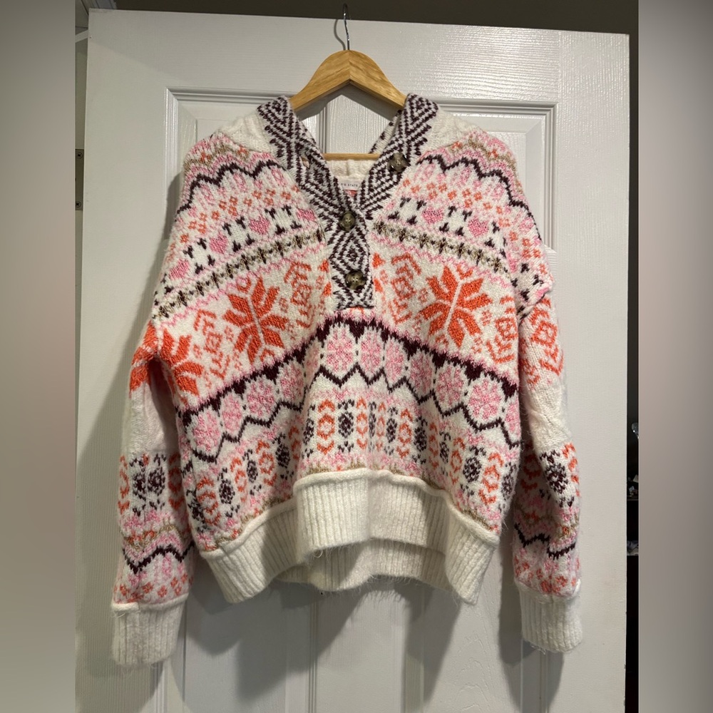 Altar'd State V-Neck Sweater with Pink and Orange Patterns
